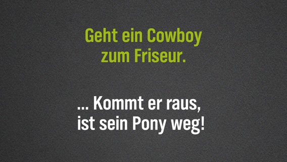 Auf einer grauen Tafel steht ein Flachwitz: Geht ein Cowboy zum Friseur. Kommt er raus, ist sein Pony weg! © NDR/N-JOY 