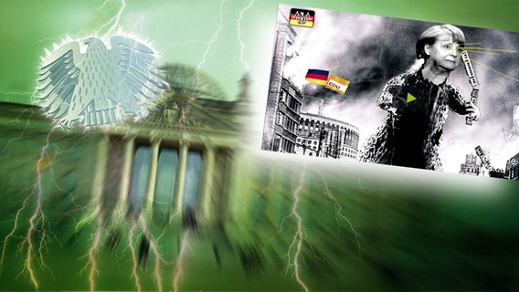 Bildmontage: Ein Monster mit einem Merkelkopf zertrümmert eine Stadt. Das Foto ist eingebettet im "Neulich im Bundestag"-Bild, das das Brandenburger Tor und den Bundesadler zeigt. © NDR Foto: Screenshot