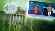 Das Themenbild zur Comedyrubrik "Neulich im Bundestag" zeigt eine Collage aus dem Brandenburgertor, dem Bundesadler sowie einen Auschnitt aus dem TV-Interview zwischen Frau Merkel und Herrn Cleber. © NDR /  picture alliance / dpa / Foto: Screenshot