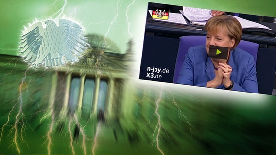 Das Themenbild zur Comedyrubrik "Neulich im Bundestag" zeigt eine Collage aus dem Brandenburgertor, dem Bundesadler sowie Angela Merkel. © NDR /  picture alliance / dpa / Foto: Screenshot