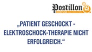 Zu sehen ist eine Texttafel mit der Aufschrift: "Patient geschockt - Elektroschock-Therapie nicht erfolgreich." © N-JOY 