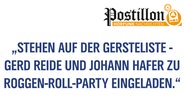 Zu sehen ist eine Texttafel mit der Aufschrift: "Stehen auf der Gersteliste - Gerd Reide und Johann Hafer zu Roggen-Roll-Party eingeladen." © N-JOY 