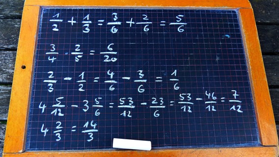Zu sehen ist eine Schultafel, auf die mit Kreide verschiedene Rechnungen und Aufgaben geschrieben wurden. © picture alliance/chromorange Foto: CHROMORANGE / Martina Rädlein