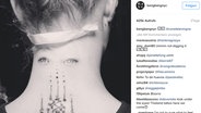 Zu sehen ist ein Instagram-Screenshot von dem Tätowierer von Topmodel Cara Delevigne, das ein neues Tattoo in ihrem Nacken zeigt - zwei Augen. © bangbangnyc Foto: Screenshot: https://www.instagram.com/p/BLBuKKigQIk/?taken-by=bangbangnyc