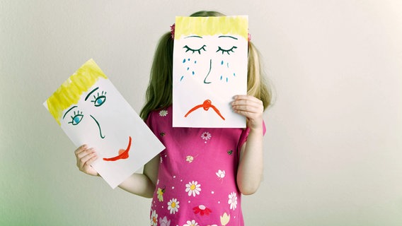 Ein Mädchen hält sich ein Blatt mit einem weinenden Gesicht vors eigene Gesicht. ©  imago/CHROMORANGE 
