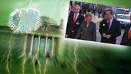 Bildmontage: Angela Merkel läuft neben David Cameron und Stephan Weil. Das Foto ist eingebettet im "Neulich im Bundestag"-Bild, das das Brandenburger Tor und den Bundesadler zeigt. © NDR Foto: Screenshot