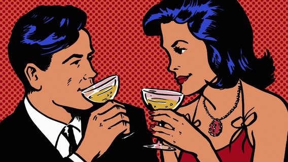 Zu sehen ist die Comic-Darstellung eines Paares, das Sekt trinkt. © imago / Ikon Images 