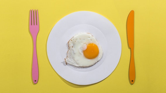Zu sehen ist ein Teller mit einem Spiegelei plus Besteck auf einem gelben Hintergrund. © imago / Westend61 