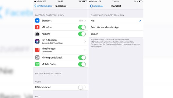 Der Screenshot des Apple-Betriebssystems iOS zeigt, wie Facebook Nutzer den zugriff auf ihre Daten einschränken.  