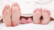 Drei Fußpaare - darunter die Füße eines Babys - schauen unter einer Decke hervor. © picture alliance/chromorange Foto: Wladimir Wetzel