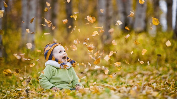 Ein Kind sitzt auf einem Waldboden und wirft mit Blättern. © picture alliance / Design Pics Foto: Kevin G. Smith