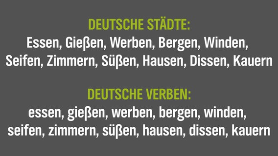 Auf grauem Untergrund stehen deutsche Städte, die wie Verben heißen - zum Beispiel Essen, Gießen, Werben und Bergen. © NDR/N-JOY 