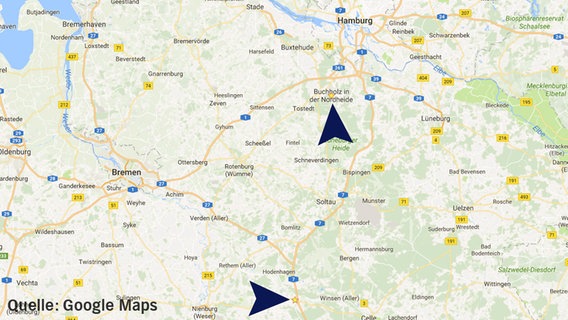 Auf einem Kartensschnitt von Google Maps sind Buchholz in der Nordheid eund Buchholz an der Aller eingezeichnet. © Google Maps 