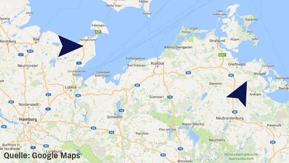 Auf einem Kartensschnitt von Google Maps sind Oldeburg in Holstein und Oldenburg in Mecklenburg-Vorpommern. © Google Maps 