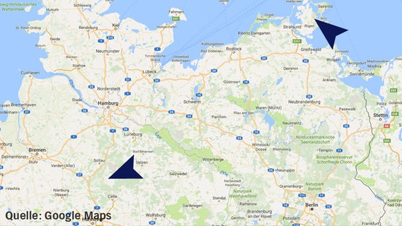 Auf einem Kartenausschnitt auf Google Maps sind Bergen auf Rügen und Bergen bei Celle zu sehen. © Google Maps 