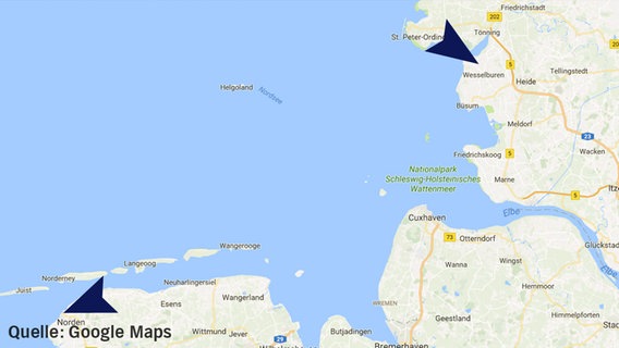 Auf einem Kartenausschnitt von Google Maps sind Norddeich in Schleswig-Holstein und Norddeich in Niedersachsen zu sehen. © Google Maps 
