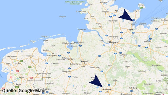 Auf einem Kartenausschnitt von Google Maps sind Neustadt in Holstein und Neustadt am Rübenberge zu sehen. © Google Maps 