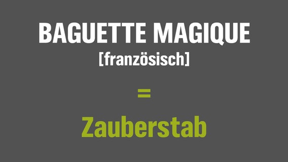 Auf einer Tafel steht eine Übersetzung: Baguette magique gleich Zauberstab. © NDR 