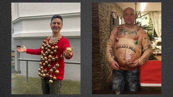 Collage: Jonny und Matthias - die Finalisten der N-JOY Weihnachtspulli-WM 2021. Jonny mit einem kugelbehangenen roten Pullover, Matthias mit einem Pulli, der einen nackten Oberkörper suggeriert. © N-JOY/privat 