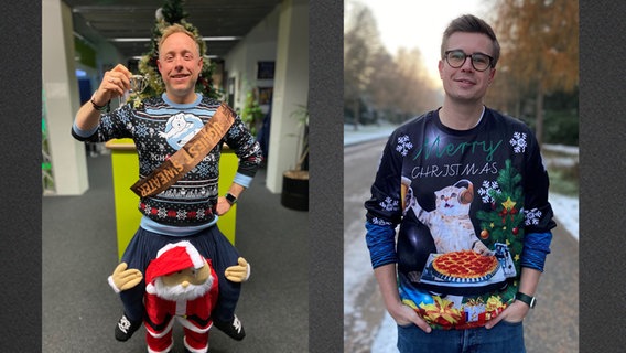 Collage: Haacke und Nils - die Finalisten der N-JOY Weihnachtspulli-WM 2022. Haacke mit einem Weihnachtsmann-Outfit, Nils mit einem Pulli, auf dem eine Katze mit Bier ist. © N-JOY/privat 