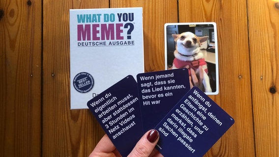 Das Spiel "What Do You Meme" - ein Bild von einem Hund liegt auf dem Tisch, auf der Hand mehrere Textkarten. © NDR/N-JOY / HUCH!/Megableu 