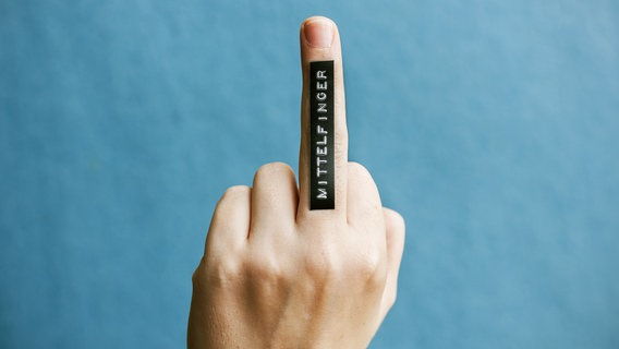 Eine Hand mit ausgestreckten Mittelfinger, auf dem das Wort "Mittelfinger" aufgeklebt ist. © epert / photocase.de Foto: epert