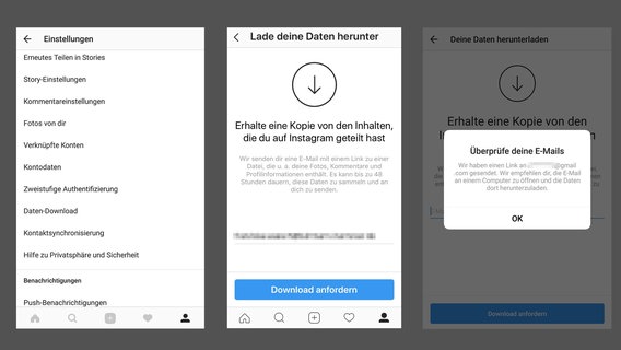 Drei Screenshots zeigen in der Instagram-App, wie die Daten-Download-Seiten aussehen. © Instagram Foto: Screenshot