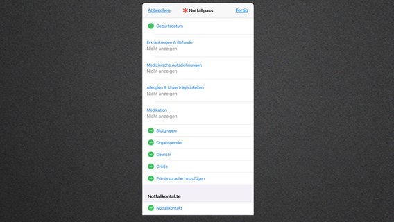 Der Screenshot zeigt den Notfallpass in der Health-App auf einem iPhone. © Screenshot Apple Foto: Screenshot Apple