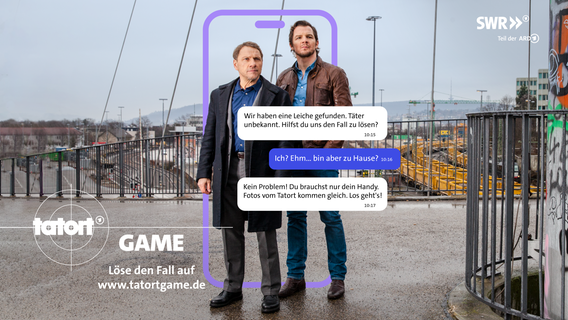 Auf dem Cover vom Tatort Game sind zwei Ermittler und ein Chatverlauf zu sehen. © SWR 