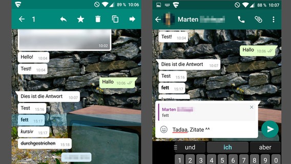 Zitat-Funktion bei WhatsApp ausprobiert. © WhatsApp Foto: Screenshot
