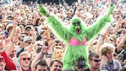 Ein als grünes Monster verkleideter Konzertbesucher ©  picture alliance / R. Goldmann 