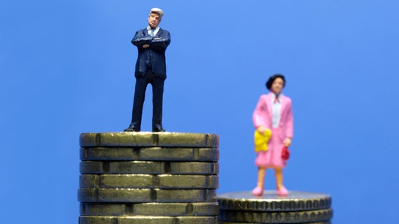 Ein Symbolbild zeigt einen Mann und eine Frau auf ungleich hohen Geldstapeln © imago stock&people 