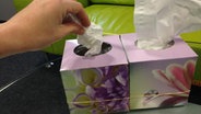 Eine Bildmontage zeigt eine Hand, die gerade ein benutztes Taschentuch in eine leere Box steckt. © NDR 